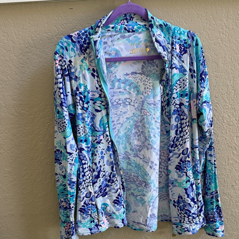 Lilly Pulitzer Blue Teal & White Printed Open Front Jacket